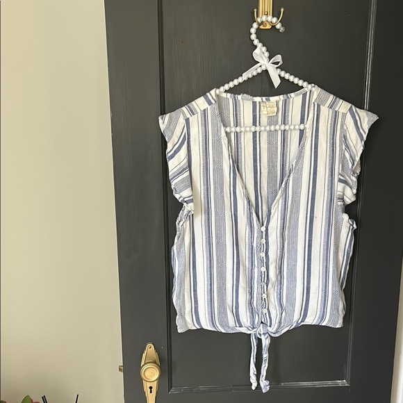 Striped Blue and White Button-Down Top - Picture 1 of 2